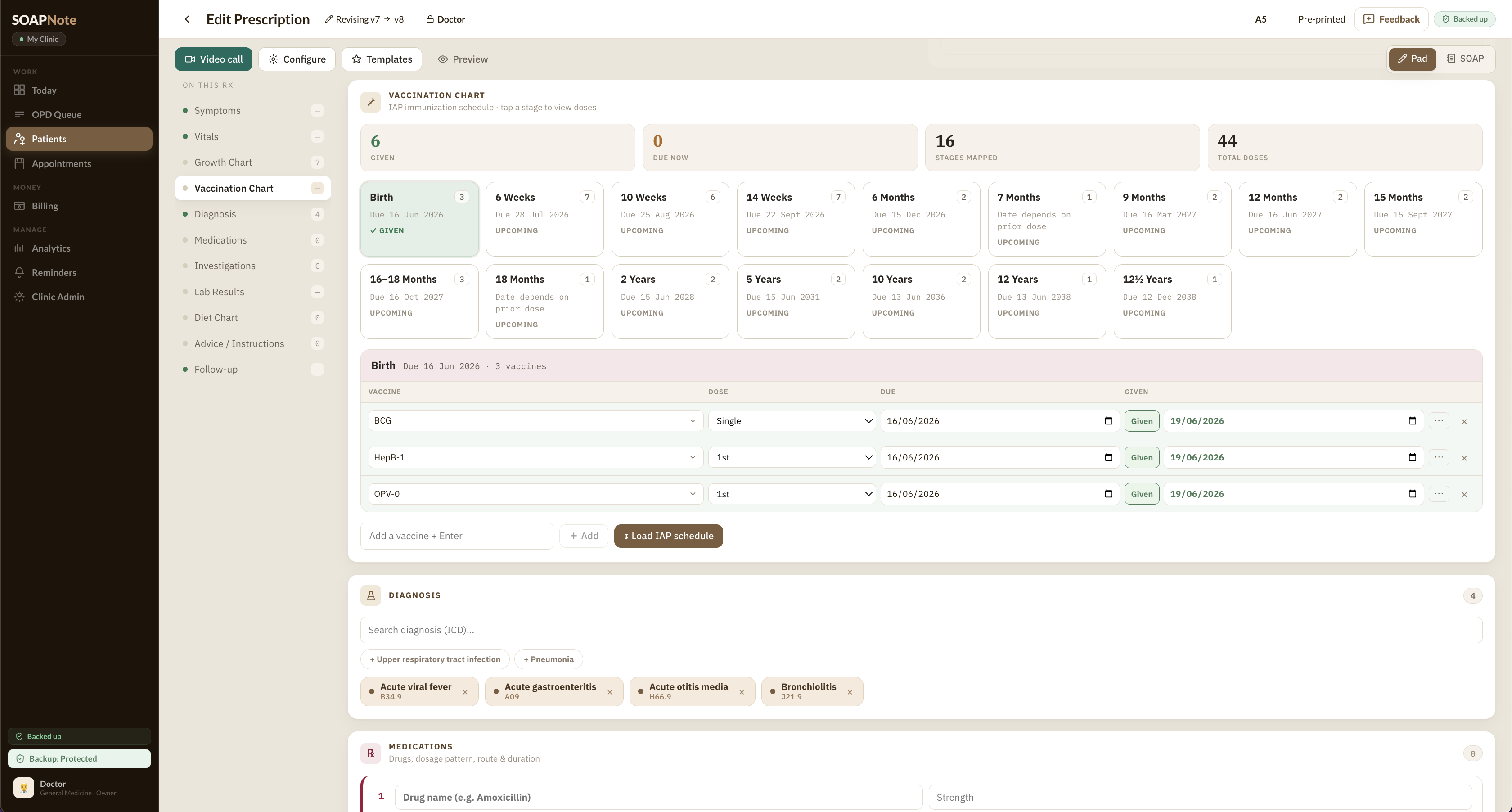 SoapNote vaccination chart — full immunisation schedule built from date of birth